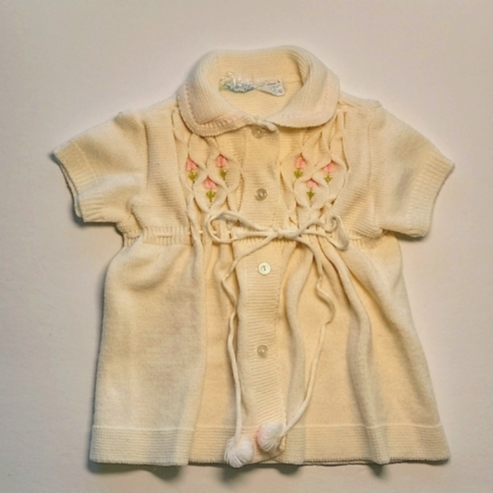 Vintage Miniatures Kids Sweater Dress Cardigan Knit Smocked Floral Flowers Girls